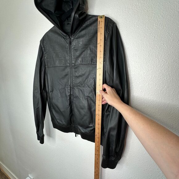 Fendi Black Soft Leather Fendi Embossed Monogram Front Long Sleeve Hooded Jacket - Picture 15 of 16